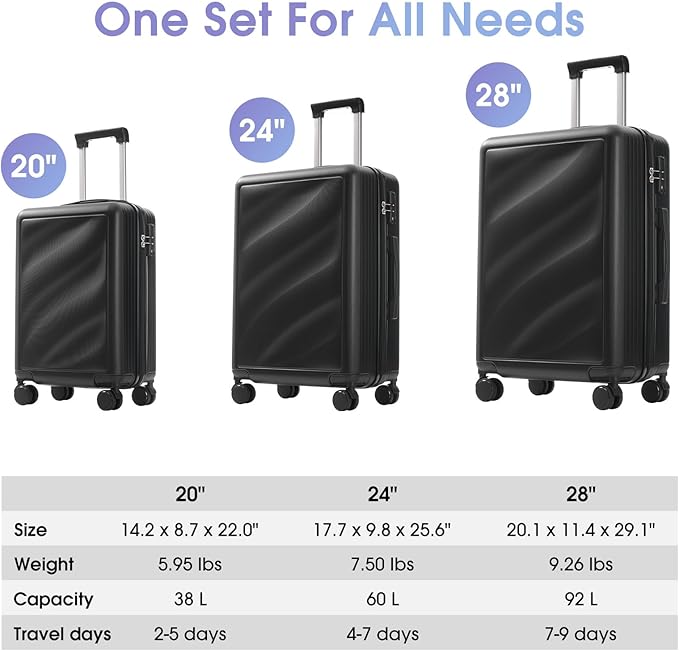 Hardside Luggage Sets, Lightweight Wave Suitcase with Spinner Wheels, Black Wavy Lines