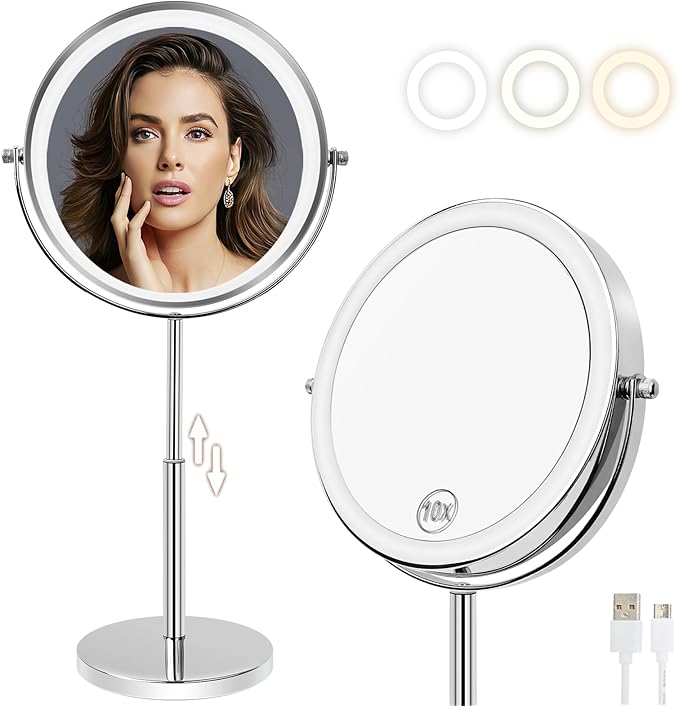 8”Large Makeup Mirror with Lights,1X/10X Rechargeable True Height Adjustable HD Magnifying Mirror with 3 Color Dimmable Lights,360° Rotation Double Sided Vanity Makeup Mirror,Gift for Women (Silver)