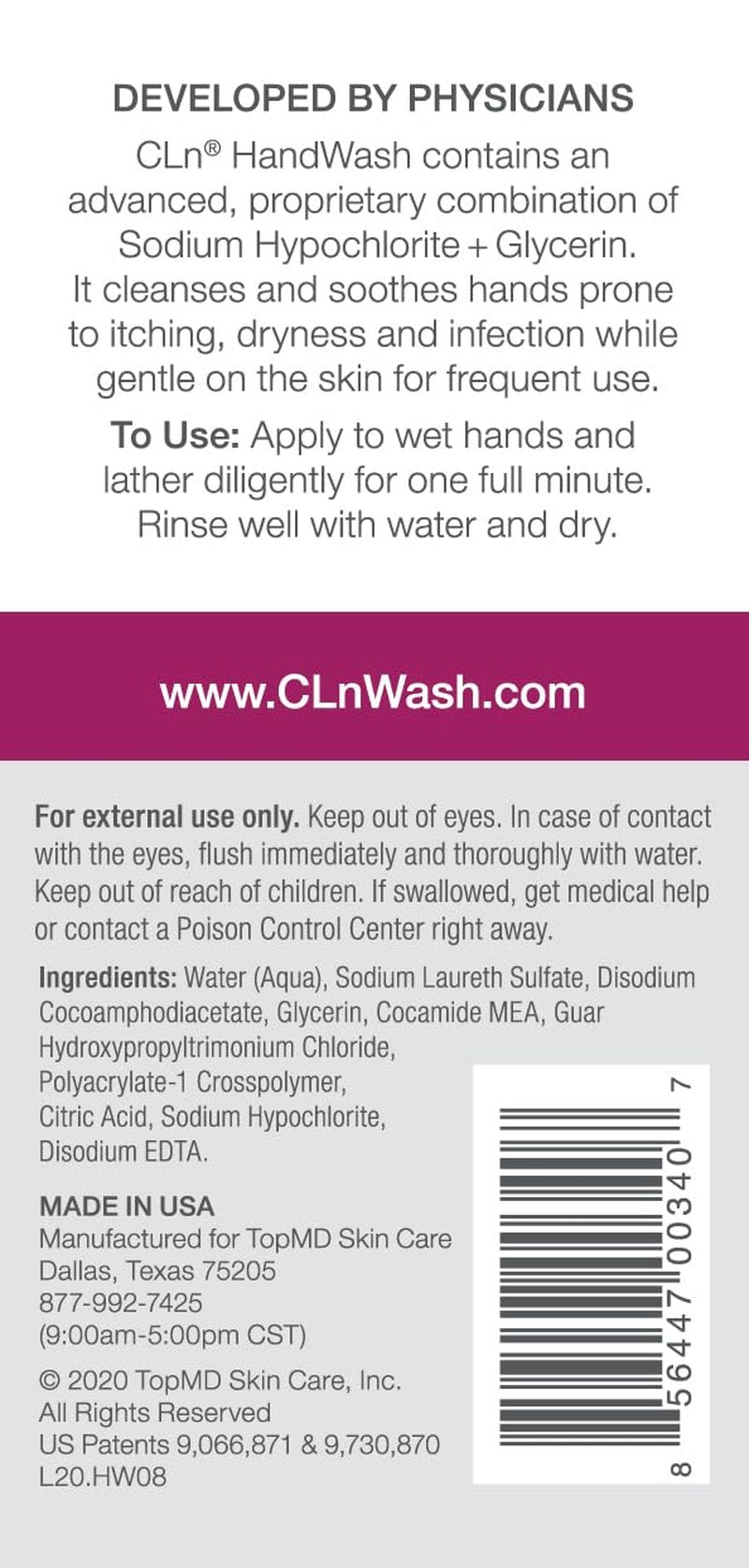 CLn® HandWash - Advanced Hygiene for Hands, Formulated with Glycerin, for Sensitive Skin Prone to Hand Dermatitis, Redness, Irritation, Eczema, and Rash, Fragrance-Free, 8 fl oz
