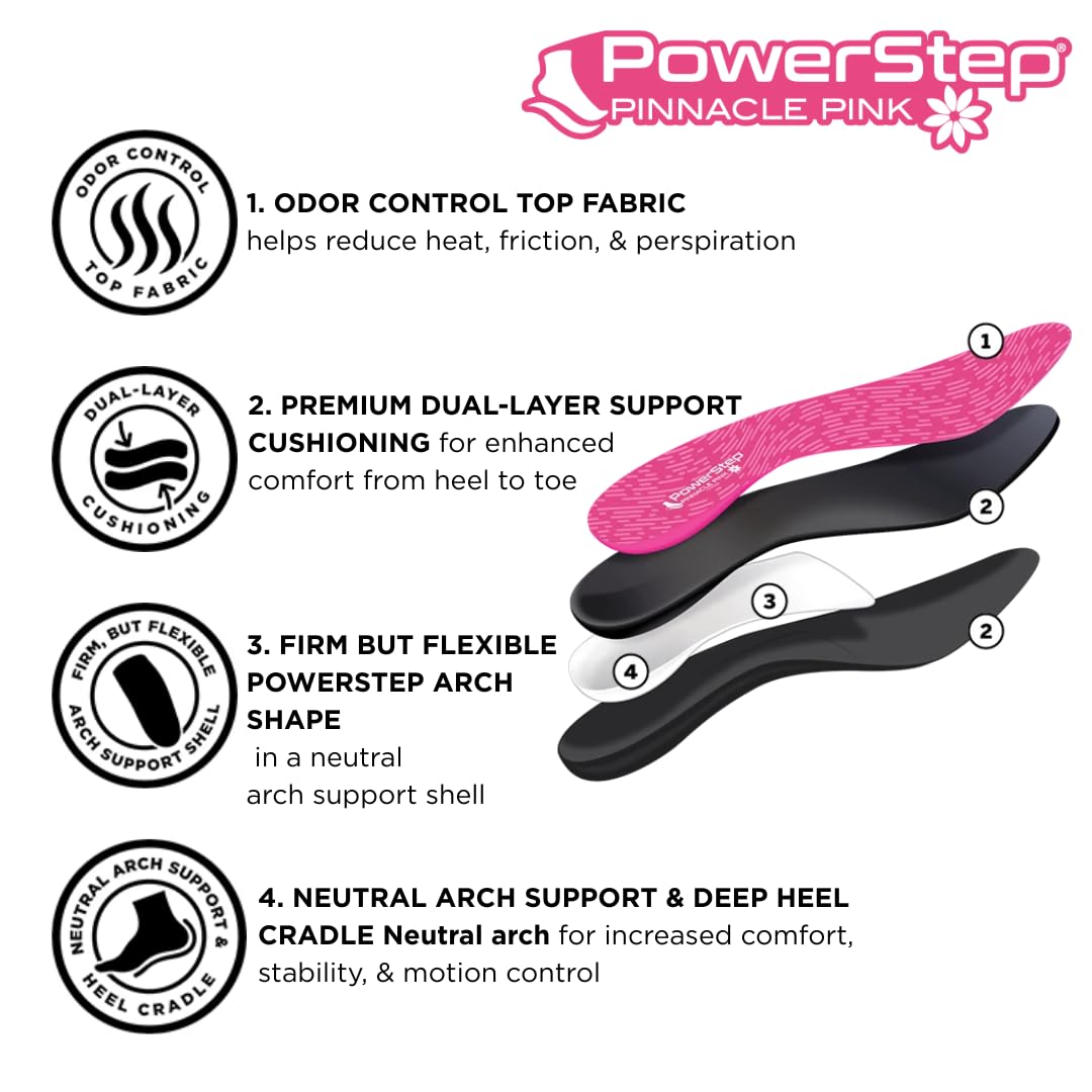 PowerStep Pinnacle Pink Orthotics for Women, Arch Support Inserts, Plantar Fasciitis Relief, Made in USA, Shoe Inserts, Maximum Cushioning, Deep Heel Cup for Pronation (W 8-8.5, M 6-6.5)