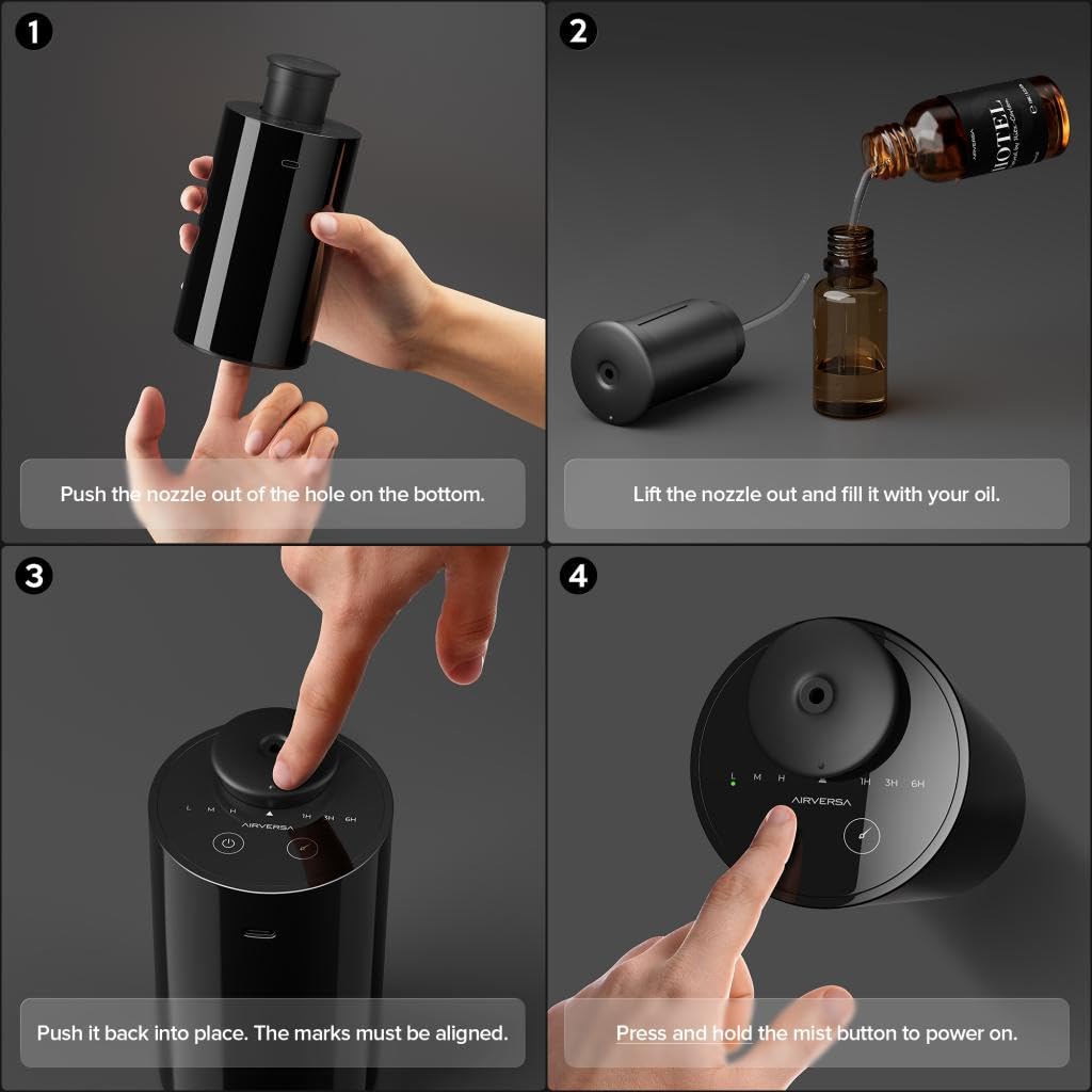 Airversa Waterless Diffuser for Essential Oil, Car Diffsuer, Battery Operated Nebulizer, 0.7 Fl Oz/ 20mL, Mini Scent Air Machine, 3 Timers & 3 Mist Levels for Home, Room, Car, Office - AN6 Black