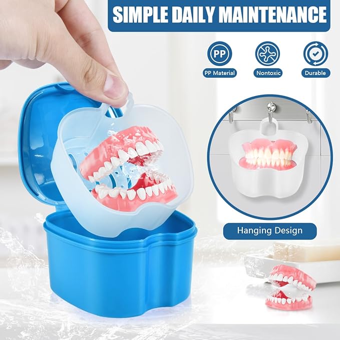 2 Pack Colors Denture Bath Case Cup Box Holder Storage Soak Container with Strainer Basket for Travel Cleaning (Light Blue and Pink)