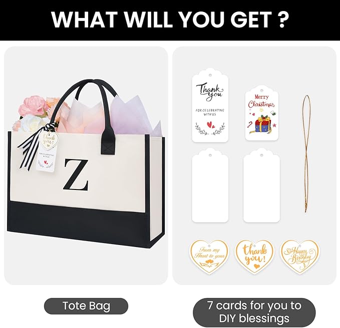 BAGAIL Initial Tote Bag, Personalized Birthday Gifts for Women, Teacher, Friends, Mom, Wedding, Monogrammed Beach Bag