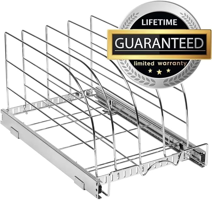 HOLDN’ STORAGE Pull Out Organizer for Bakeware, Cutting Board and Trays, Adjustable Dividers - Heavy Duty, Lifetime Limited Warranty - For Narrow Cabinet Spaces, 10.5”W x 21”D x 11”H, Chrome