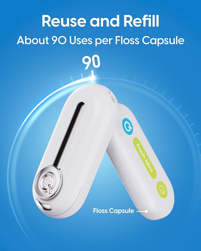 C1S Reusable Flosser Set, Auto-Restringing Flosser with Replaceable Floss Capsule, Multi-Hygiene, Portable Travel Floss, Recyclable Zero Waste, Unflavored (Shell White)