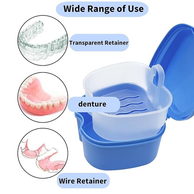 2pcs Denture Bath Retainer Case, Dentaure Cups for Soaking Dentures with Strainer Basket Tray,Compact and Pportable Design, Suitable for Traveling (Lake Blue+Pink)
