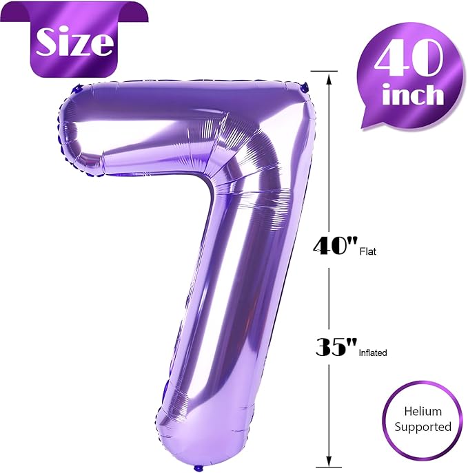 Purple Number 7 Balloon 40 Inch, 7 Balloon Number, 7th Birthday Decorations, Purple Party Supplies for Boys Girls