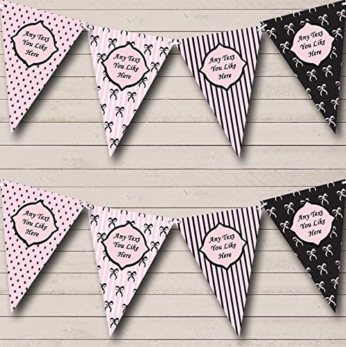 Paris Stripes Bows Spots Pink Black Personalized Birthday Party Bunting - Hanging Party Decoration - Birthday Party Banner Garland | Decorative Party Supplies