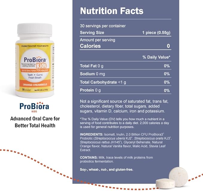 ProBiora Kids Oral-Care Chewable Probiotic Tablets | Probiotic Supplement Designed Specifically for Kids | Healthier Teeth & Gums | Fresher Breath | Whiter Teeth (30 Count (Pack of 3), Orange)