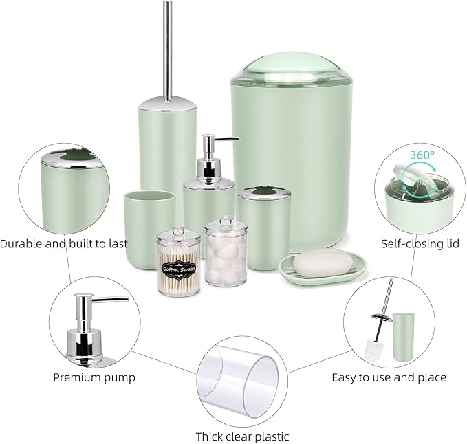 IMAVO Bathroom Accessories Set,Green Bathroom Set,9 Pieces Bathroom Accessory Set,Tray,Qtip Holders,Toilet Brush,Trash Can for Bathroom Décor and Home Gifts
