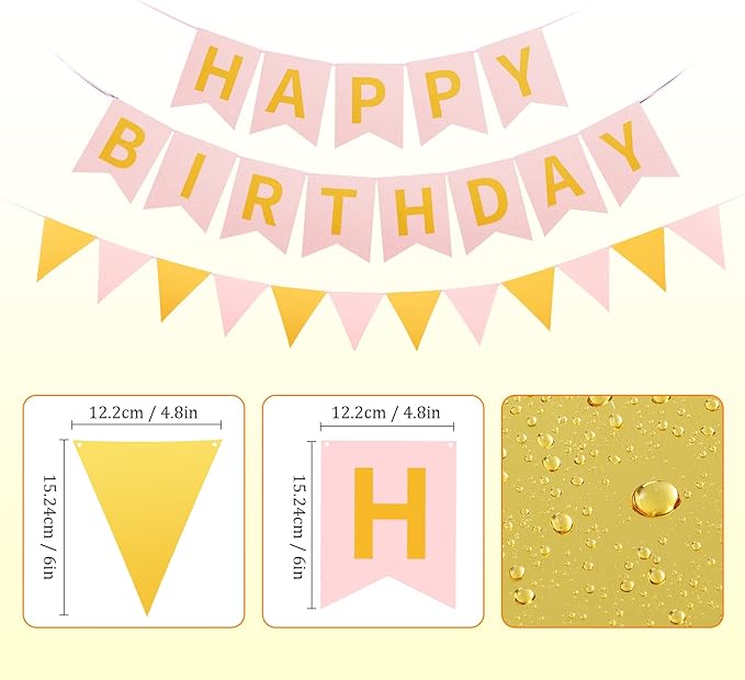 Irenare 4 Pieces Happy Birthday Banner Colorful Birthday Party Decor Rainbow Felt Garland Banner Rainbow Party Decorations Supplies(Pink, Gold)