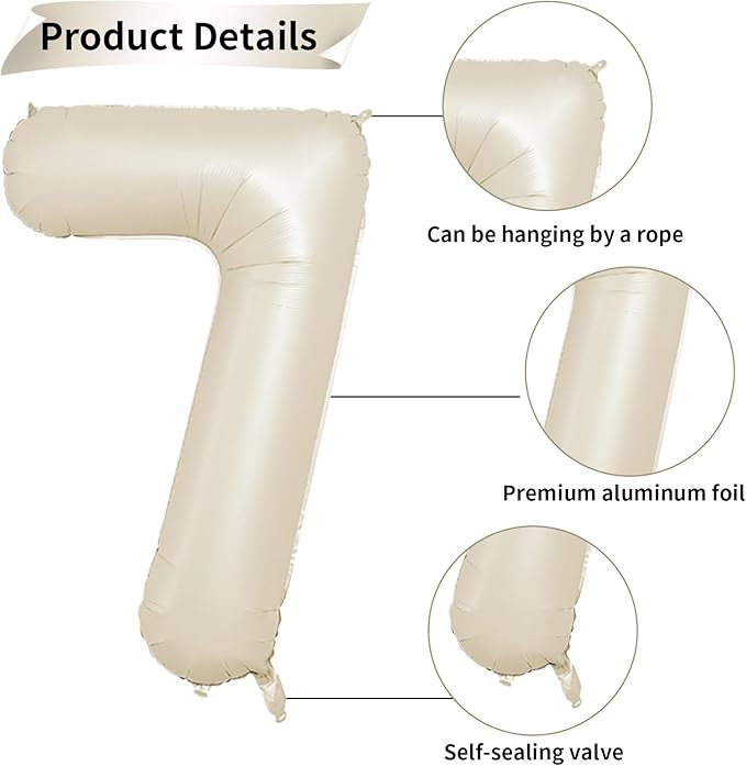40 Inch Cream Number 7 Balloon, Beige Large 7th Birthday Balloons, Digital 7 Cream White Giant 7 Foil Balloon Helium for Boys Girls 7th Birthday Decorations Anniversary Baby Shower Party Supplies