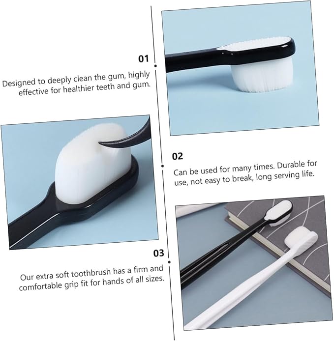 Soft Bristle Toothbrush 2pcs for Adults, Extra Thin Extra Soft Bristles, Gum Care Manual Toothbrush Set with Black and White Handles, Suitable for Sensitive Gums and Couples