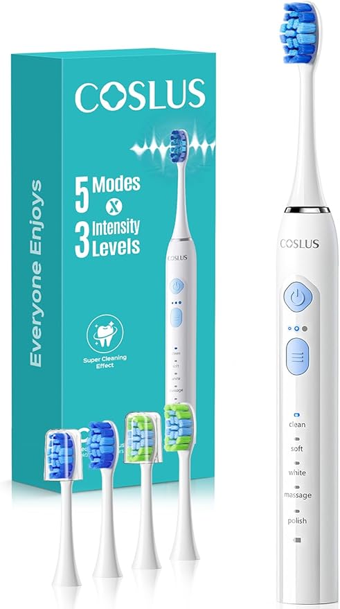 COSLUS Sonic Electric Toothbrush for Adults & Kids: 3 Intensities & 5 Modes Gum-Friendly for Deep Cleaning & Whitening - 2 Types of Heads for Family, Sensitive Teeth, Braces, Travel Home, White, 1PC