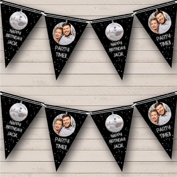 Disco Theme Neon Black & Silver Photo Personalized Birthday Party Bunting - Hanging Party Decoration - Birthday Party Banner Garland | Decorative Party Supplies