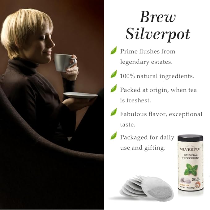 Silverpot Original Peppermint Tea Bags - 50 Round Bags | Natural, Refreshing Mint | Caffeine Free, Herbal | Reusable Tin
