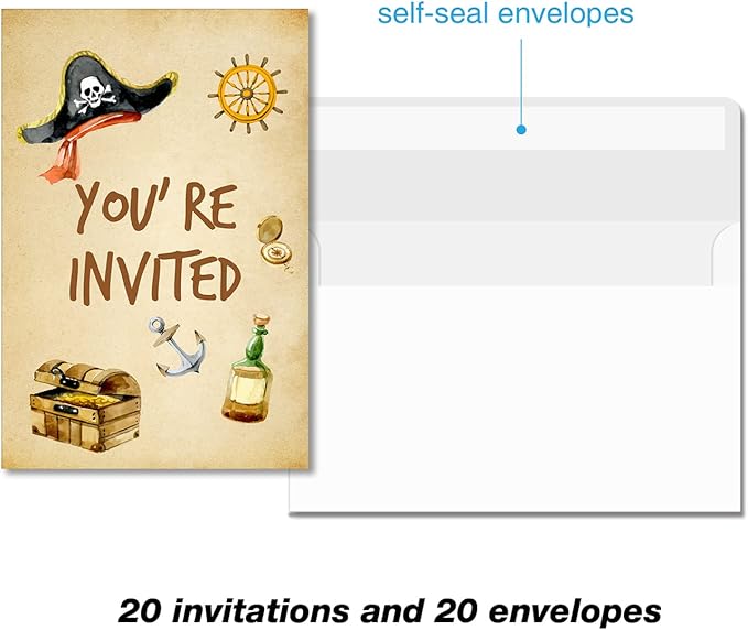 Soiceu Pirate Birthday Party Invitations with Envelopes Set of 20 Pirate Treasure Map Kids Birthday Party Invites