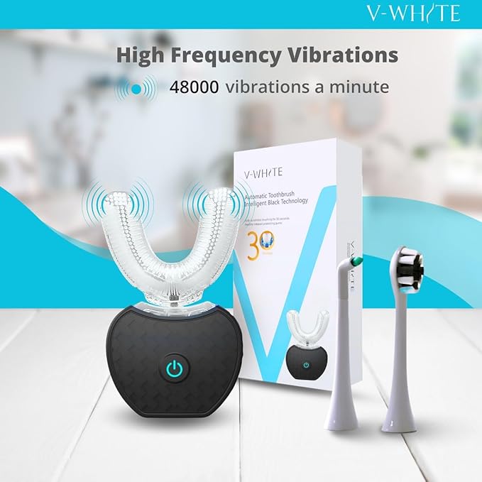 V-WHITE Ultrasonic U-Shaped Toothbrush for Teeth Whitening, Electric Toothbrush For Adults - 360° Mouth Cleansing, Hands Free Gums Protection - Wireless Charging & LED Light -Waterproof IPX7 Certified