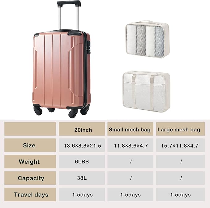 Merax Carry on Luggage Set, 20 Inch Hardshell ABS Suitcase with Spinner Wheels, Built-in TSA Lock & 2 Packing Cubes Airline Approved for Business Weekend Travel