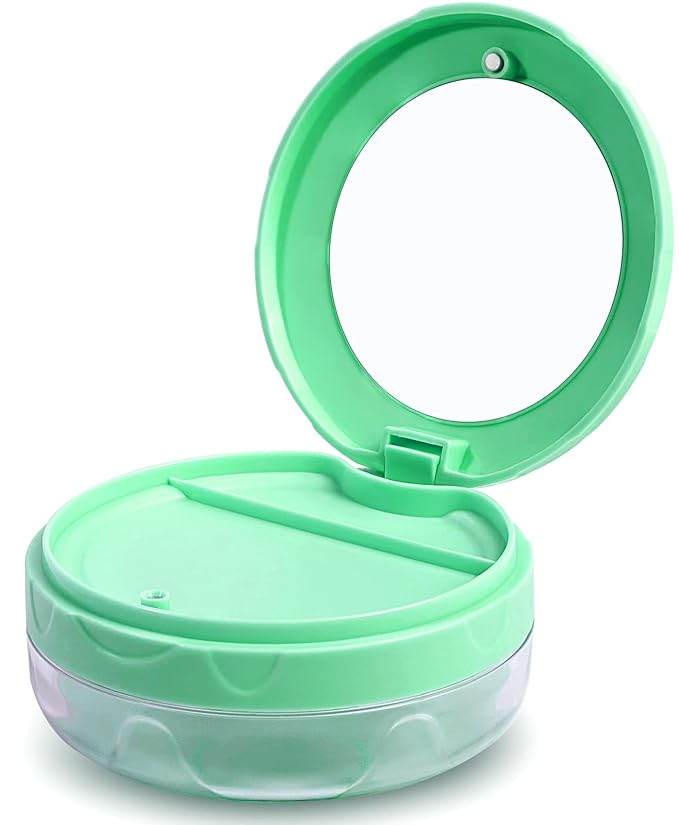 Denture case Retainer Case, Leak Proof Denture Cup, Denture Bath Case, Retainer Cleaning Box for Traveling, Partial Denture Case with Strainer & Mirror (Green)