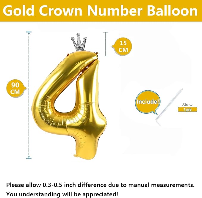 Gold Number 4 Balloon with Crown, 40 inch Gold Number Balloon 4th Birthday Party Decoration gold Crown Balloons 0-9 for Birthday Party Anniversary Decorations Supplies