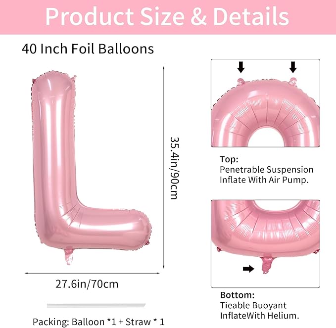 40 Inch Letter L Balloons, Giant Pearl Pink Letter K Balloon, Single Alphabet A-Z Balloon Foil, Light Baby Pink Name Balloons for Girls Women Birthday Party Decoration Baby Shower Anniversary Supplies