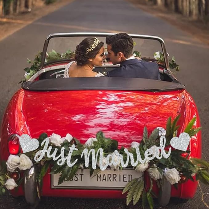 BEISHIDA Silvery Just Married Banner - NO DIY, Glitter Wedding Party Banner,Just Married Signs, Bachelorette/Bridal Garland,Engagement Party Decor Supplies, Wedding Reception Party Decorations.