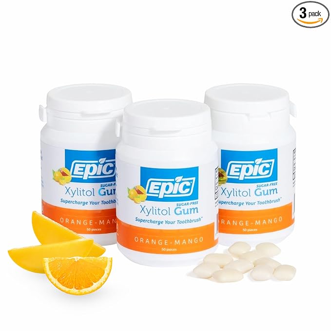 Epic 100% Xylitol Orange Mango Chewing Gum - Sugar Free, Aspartame Free Dental Gum - Supports Oral Health & Fresh Breath - 50 Pieces (Pack of 3)