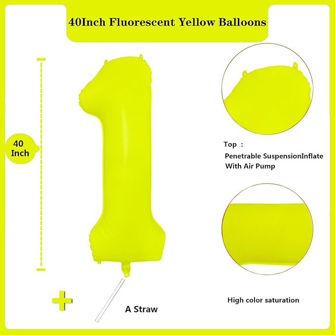 Fluorescent Yellow Number Balloon 40 inch Giant Foil Helium Balloons Yellow Number 1 Balloon for 1st Birthday Party Decorations