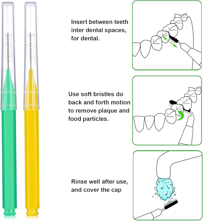 Patelai 100 Pieces Braces Brush for Cleaner Interdental Brush Toothpick Dental Tooth Flossing Head Oral Dental Hygiene Flosser Toothpick Cleaners Tooth Cleaning Tool(Green, Yellow,Mixed Sizes)