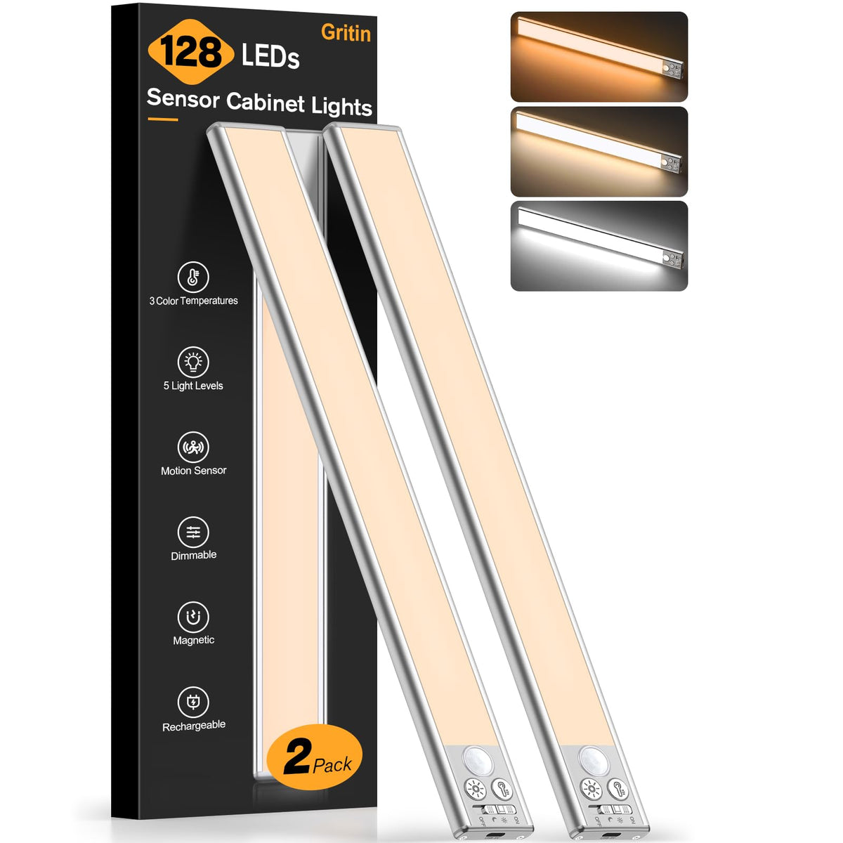 Gritin 14.7inch Under Cabinet Lighting Rechargeable 2 Pack- 3 Color Temps&5 Level Brightness, Super Bright, 4 Modes, Motion Sensor, Long Lasting - Easy Installation Magnetic Under Closet Lights-Silver