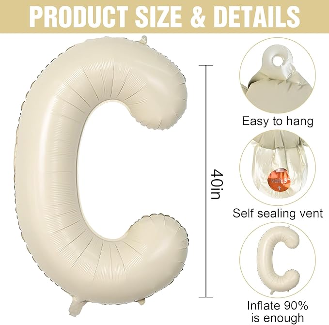 Cream C Letter Balloons,40 Inch Letter C Balloon Beige,Helium Custom Letter Balloon for Birthday Anniversary Party Decorations