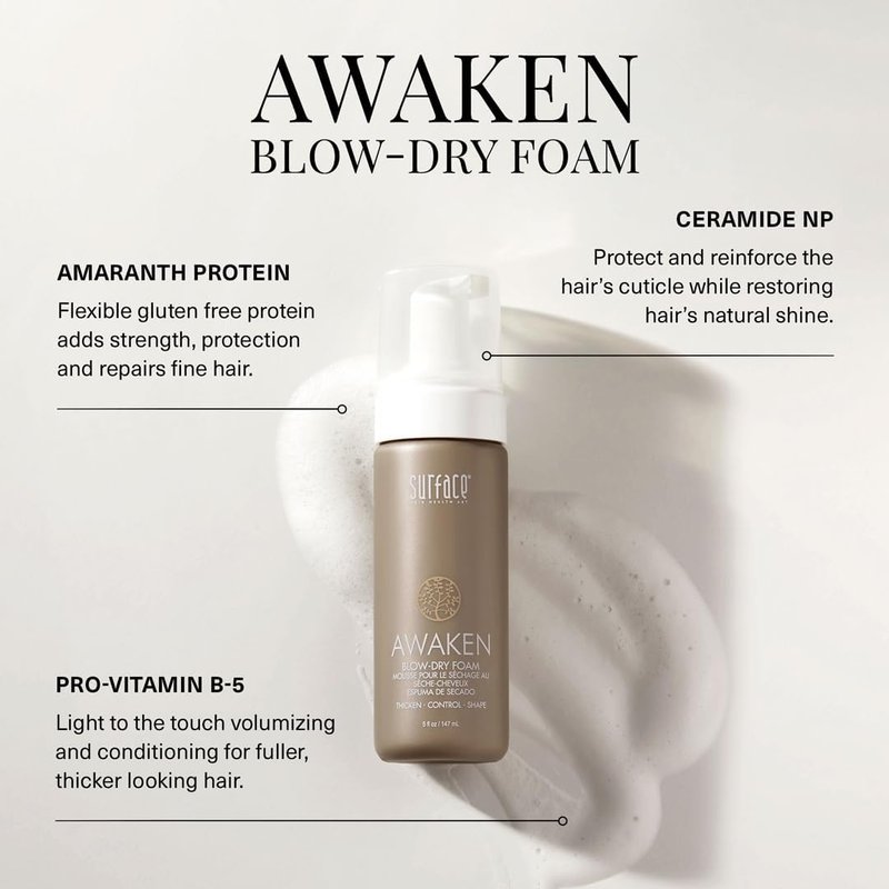 SURFACE Hair Awaken Thickening Blow Dry Foam, Protect, Strengthen Fine & Fragile Hair, 5 Fl. Oz.