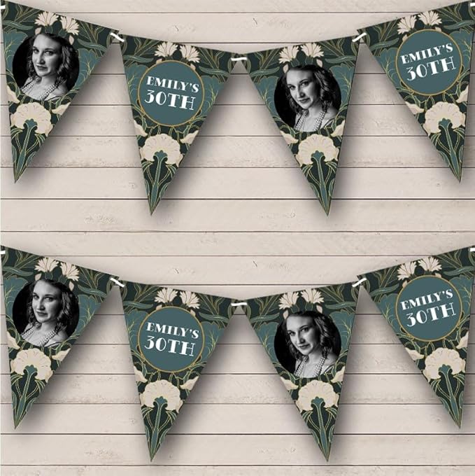 Green Gatsby 20's Art Deco Vintage Photo Personalized Birthday Party Bunting - Hanging Party Decoration - Birthday Party Banner Garland | Decorative Party Supplies