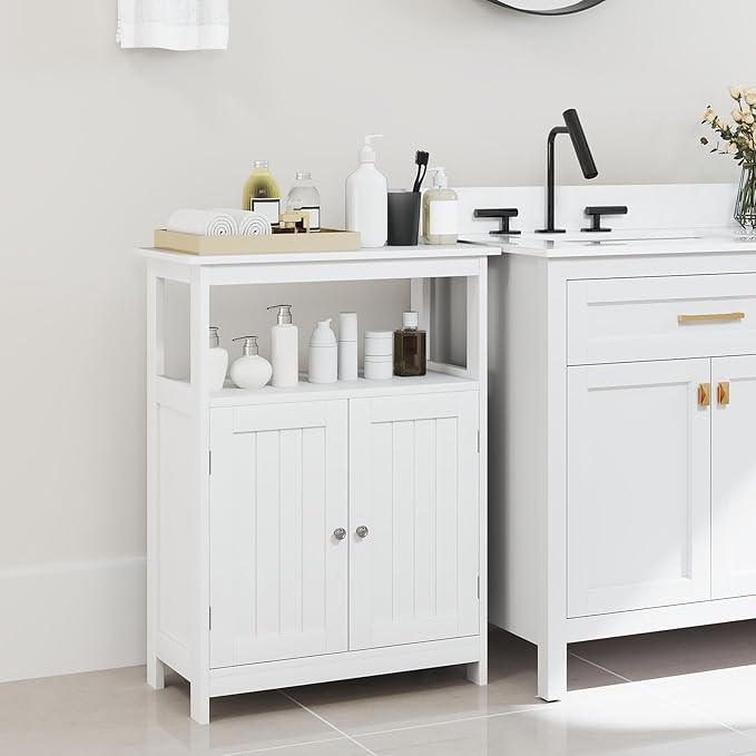 Tangkula Bathroom Storage Cabinet, Freestanding Floor Organizer with 2 Doors & 1 Adjustable Shelf, Modern Home Bathroom Furniture for Living Room Entryway Kitchen (Cabinet, White)