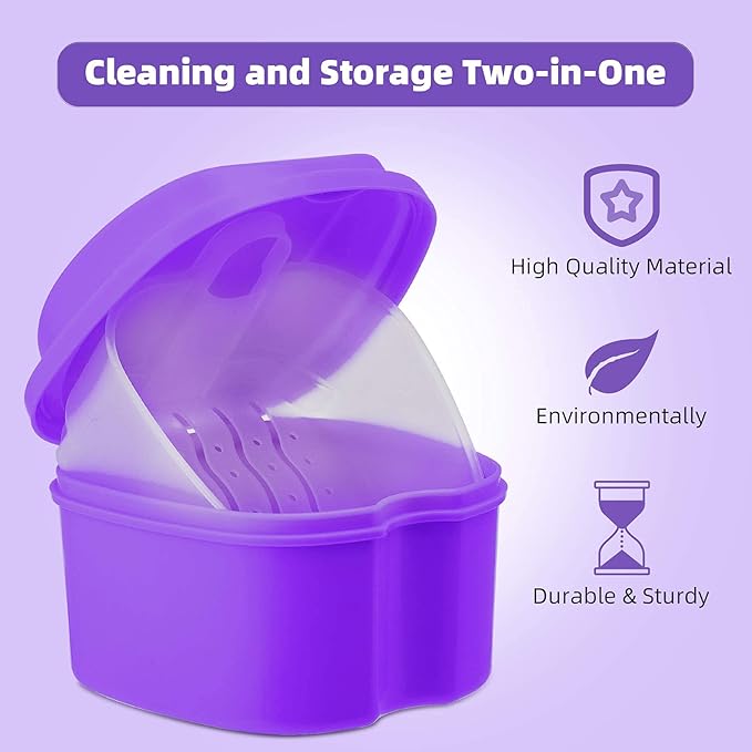 Denture Soaking Cup Dental Retainer Case Cleaning with Strainer Basket, Orthodontic Bath Box Mouthguard Storage Holder - Purple