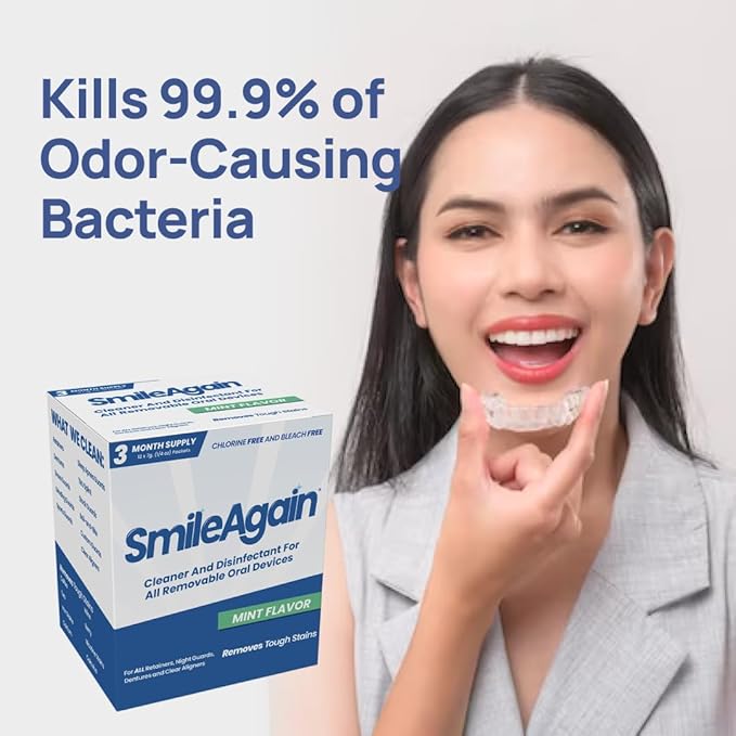 SmileAgain Retainer Cleaner - 90-120 Cleanings 12 Pack/3 Month Supply - for Clear Aligners, Dentures, Mouth Guards & Night Guards - Our Oral Appliance Cleaner & Denture Care Powder - Mint Flavored