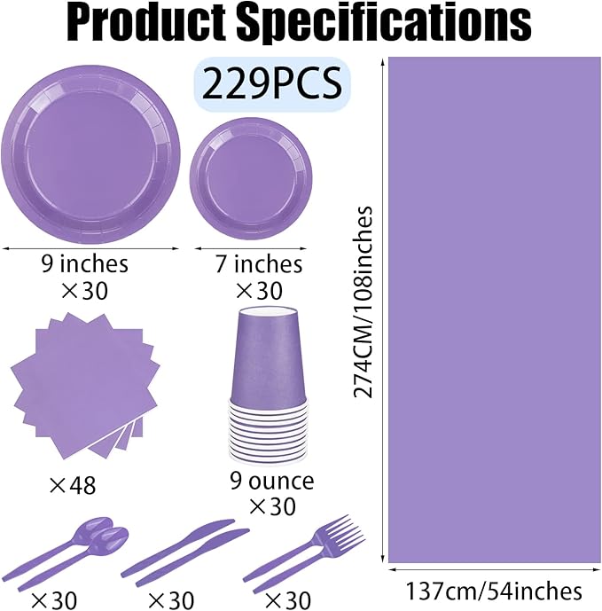 TWOWYHI 229PCS Purple Party Supplies Set Paper Disposable Plates Cups Plastic Spoons Forks Knives Purple Napkins for 30 Guests Disposable Party Dinnerware Sets for Wedding Birthday Parties