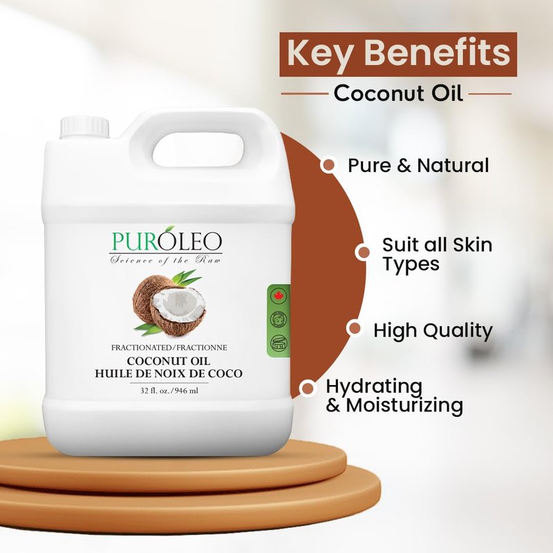 PUROLEO Fractionated Coconut Oil 32 Fl Oz/946 ML (Packed in Canada) 100% Natural and odorless Moisturizer & Carrier Oil l Hair Skin Body, Aromatherapy, Massage, Makeup Remover