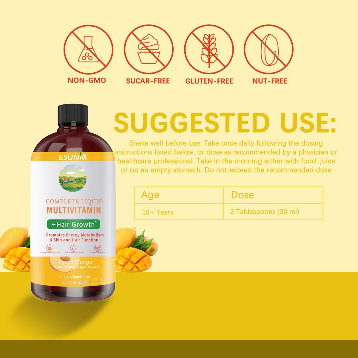 Complete Liquid Multivitamin + Hair Growth, Promotes Energy Metabolism& Skin and Hair Function| Vitamin C D | B Vitamins | Help to Thicker Hair, Wrinkles, Fine Lines, Skin Care (16.23OZ)