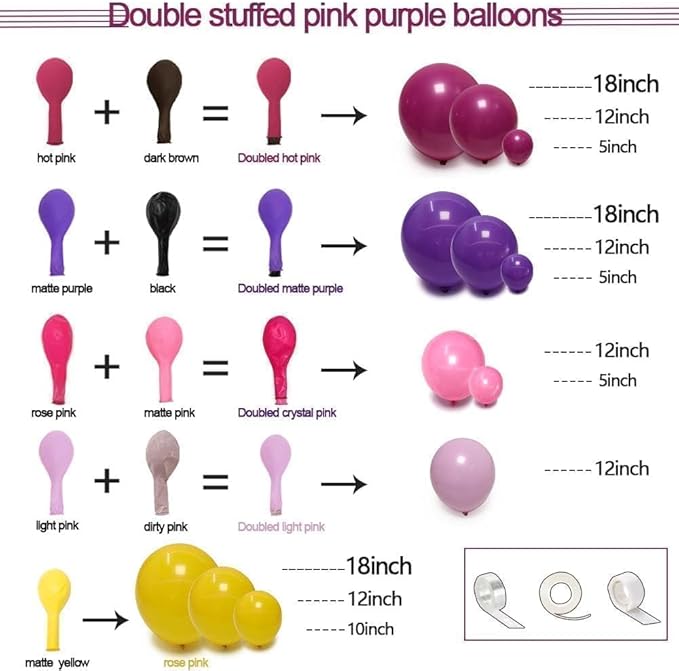 Pink Yellow Balloon Arch - Double Stuffed Hot Pink Purple Balloons Different Size Latex Magenta Balloon Garland for Happy Birthday Baby Shower Wedding Fall Mexican Party Decorations