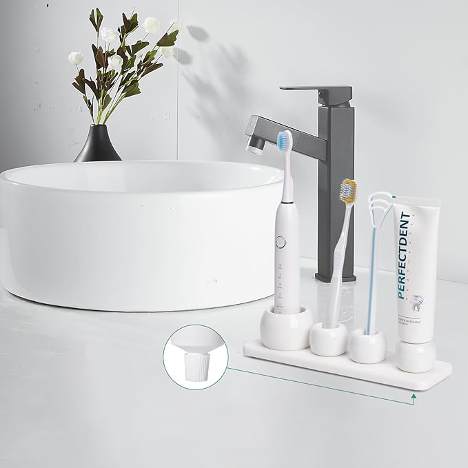 4 Pack Mini Ceramic Toothbrush Holder Stand with 1 Pack Water Absorbing Stone for Bathroom Vanity Countertop, Electric Toothbrush Organizer, White