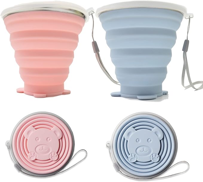 2 Pack Silicone Collapsible Cups for Traveling, 320ml+320ml Portable Collapsible Travel Cup, Folding Camping Cup with Lids, Reusable Expandable Drinking Cup for Travel Hiking,Blue Pink