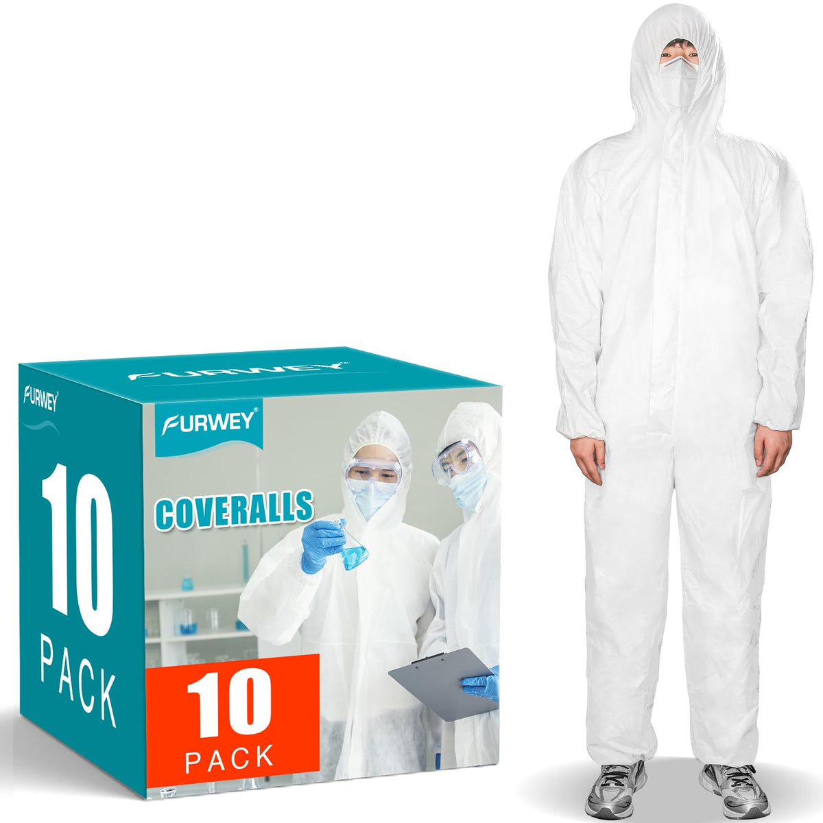 FURWEY Hazmat Suits Disposable Protective Coveralls, X-Large, 10 Pack
