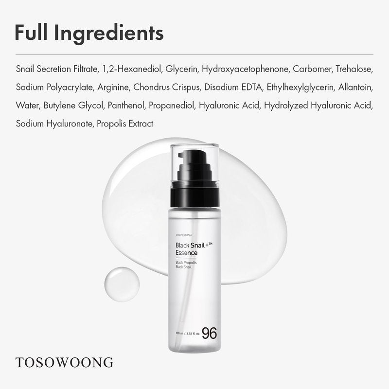 TOSOWOONG Black Snail Plus Essence With 960,890ppm Black Snail Secretion Filtrate, Hydrating Serum, Repairing, Anti Aging, Dull Skin, Fine Lines, Sensitive Skin, Korean Skin Care, 100ml, 3.38 fl.oz.