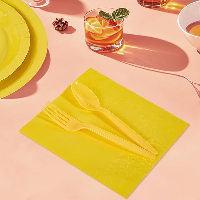 Ottin Yellow Party Supplies for 24 Guests 169PCS Disposable Paper Plates and Napkins Set with Cups, Forks, Knives, Spoons & Tablecloth – for Birthday Wedding Halloween Thanksgiving Christmas New Year