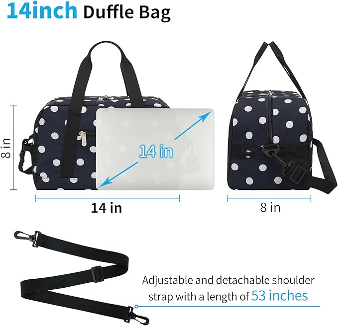 Apenze Small Gym Bag 14 inch lightweight Carry On Mini Duffel Bag for Travel Sport - Polka Dot Blue