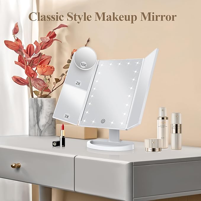 HUONUL Makeup Mirror Vanity Mirror with Lights, 2X, 3X, 10X Magnification, Touch Control, Trifold, White, 9.4" L x 13.4" W, Modern Style, Dresser Mount, Bathroom