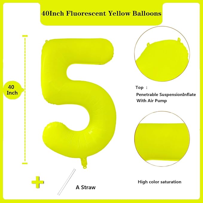 Fluorescent Yellow Number Balloon 40 inch Giant Foil Helium Balloons Yellow Number 5 Balloon for 5th Birthday Party Decorations