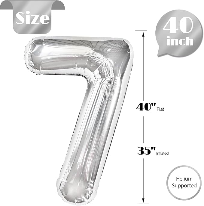 Silver Number 7 Balloon 40 Inch, 7 Balloon Number, 7th Birthday Decorations, Silver Party Supplies for Boys Girls